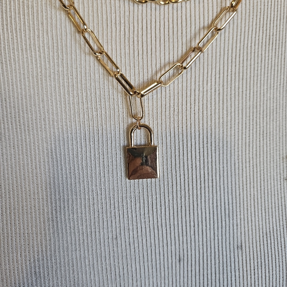 Gold Layered Gold Tone Chain Necklace with Padlock Pendant. - Picture 3 of 9